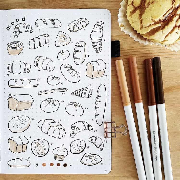 Bread and pastries bullet journal mood tracker ideas