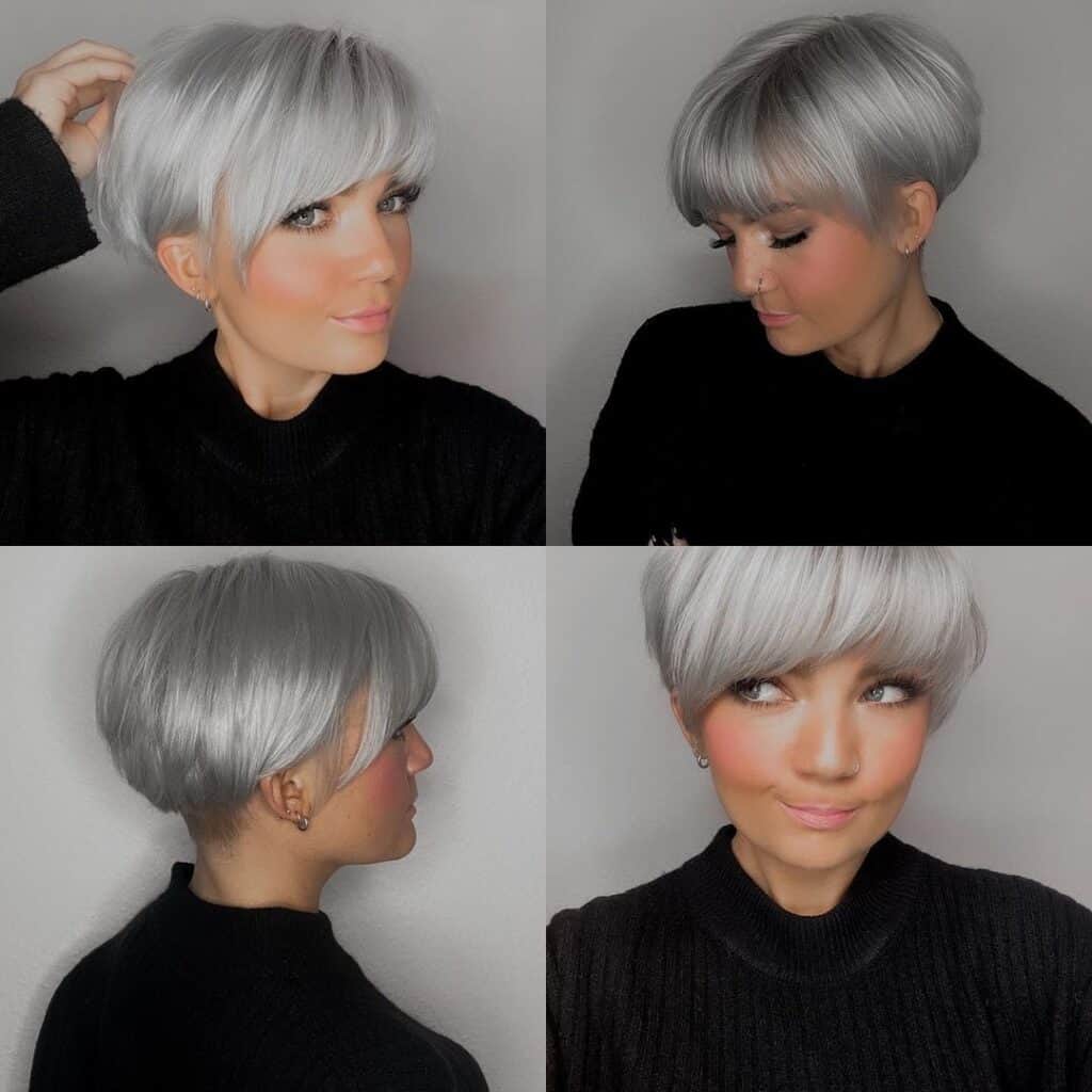 Platinum pixie with side swept bangs