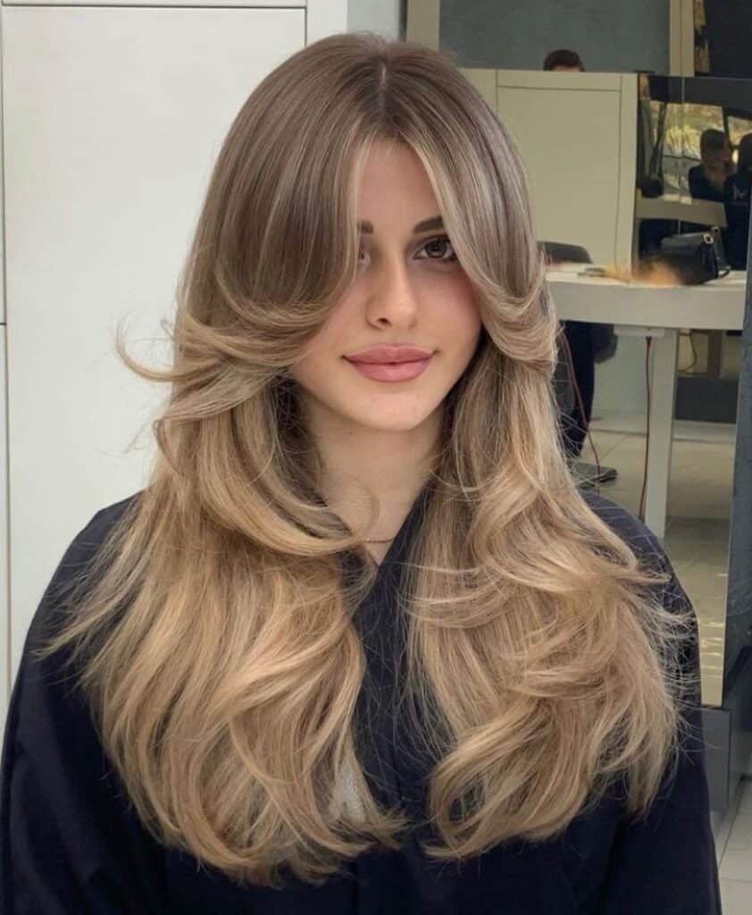 Curtain bangs on long hair 