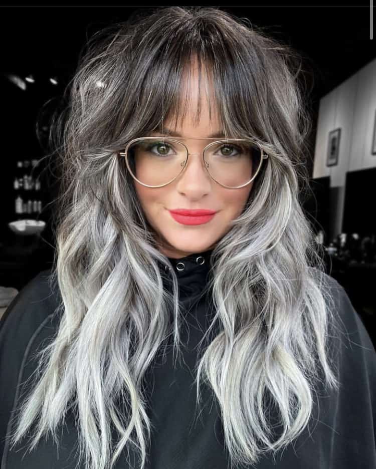 Curtain bangs with grey blends