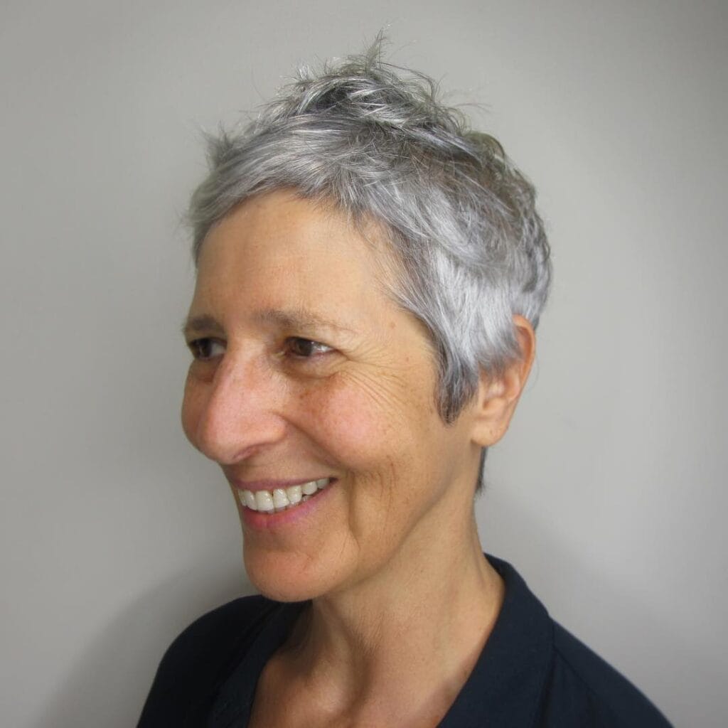 tousled platinum pixie cut