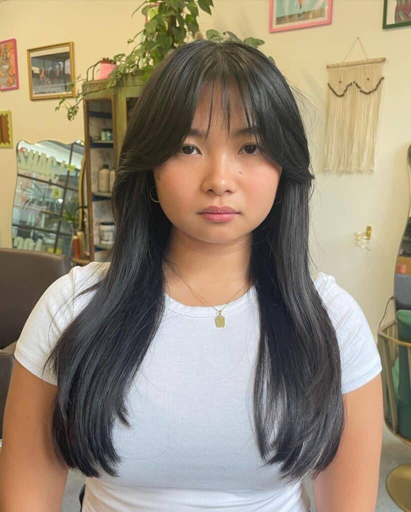 long middle part hairstyle with bangs 