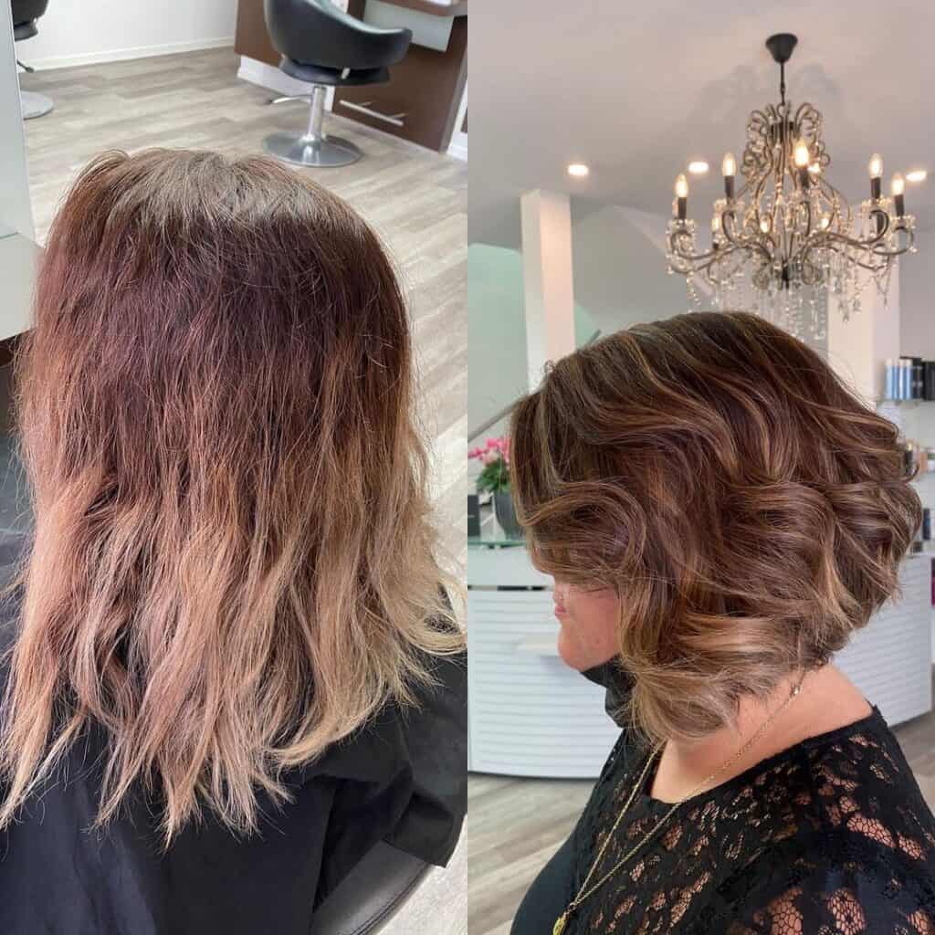 lob haircut with waves and balayage 