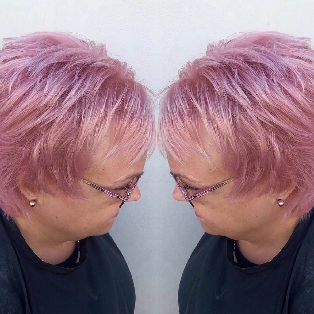 choppy pink pixie on thick hair for women over 50