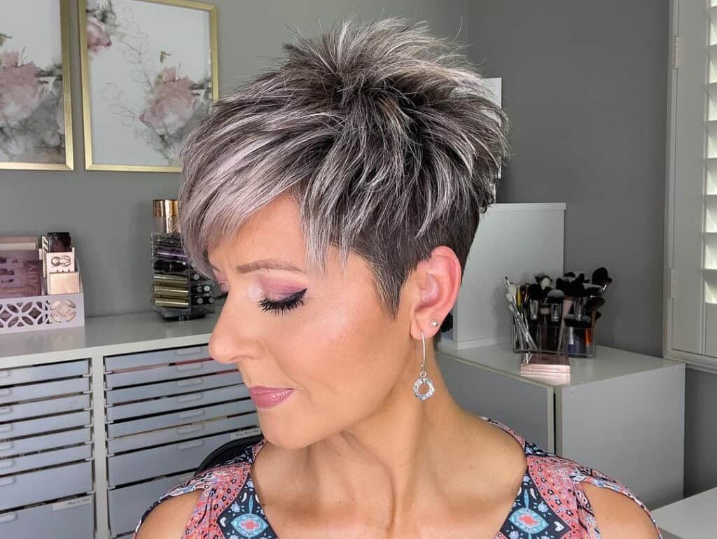 tousled long undercut pixie for older women 