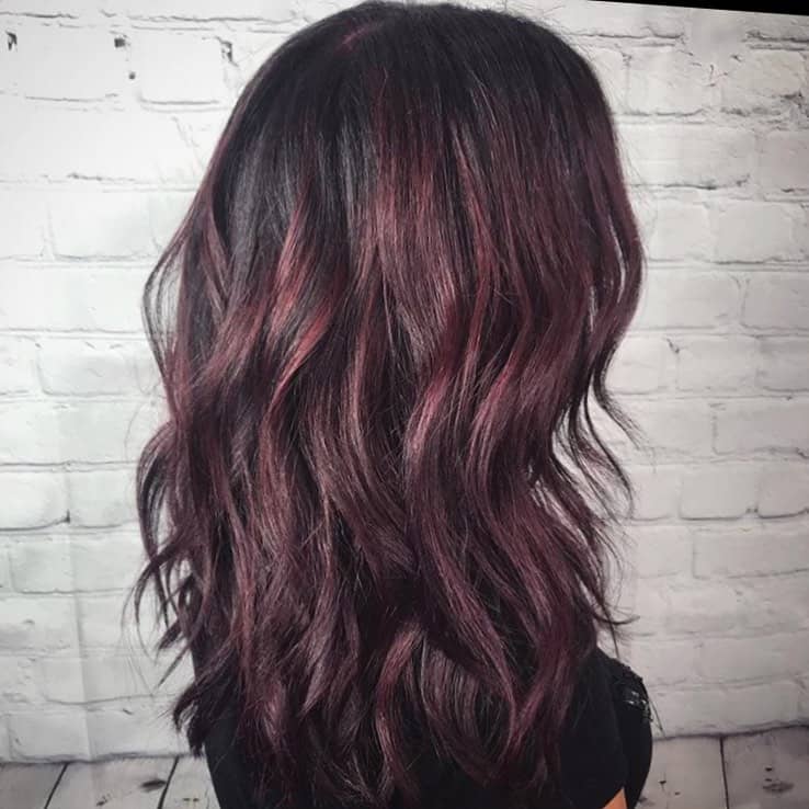 cool toned cherry cola balayage hair
