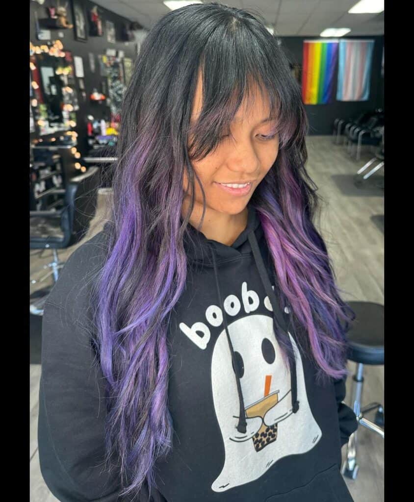 fringe bangs on thin hair with purple highlights