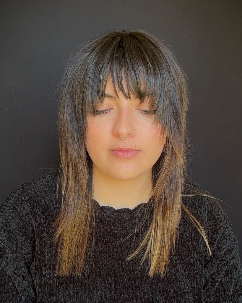 choppy shoulder length lob with fringe on thin hair