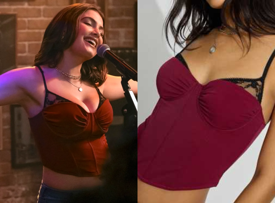 Hannah Wells (Ella Bright) on Off Campus wears the Garage Burgundy Peek-a-Boo Bustier Top